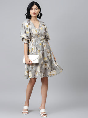 Grey Floral Puff Sleeve Smocked Dress
