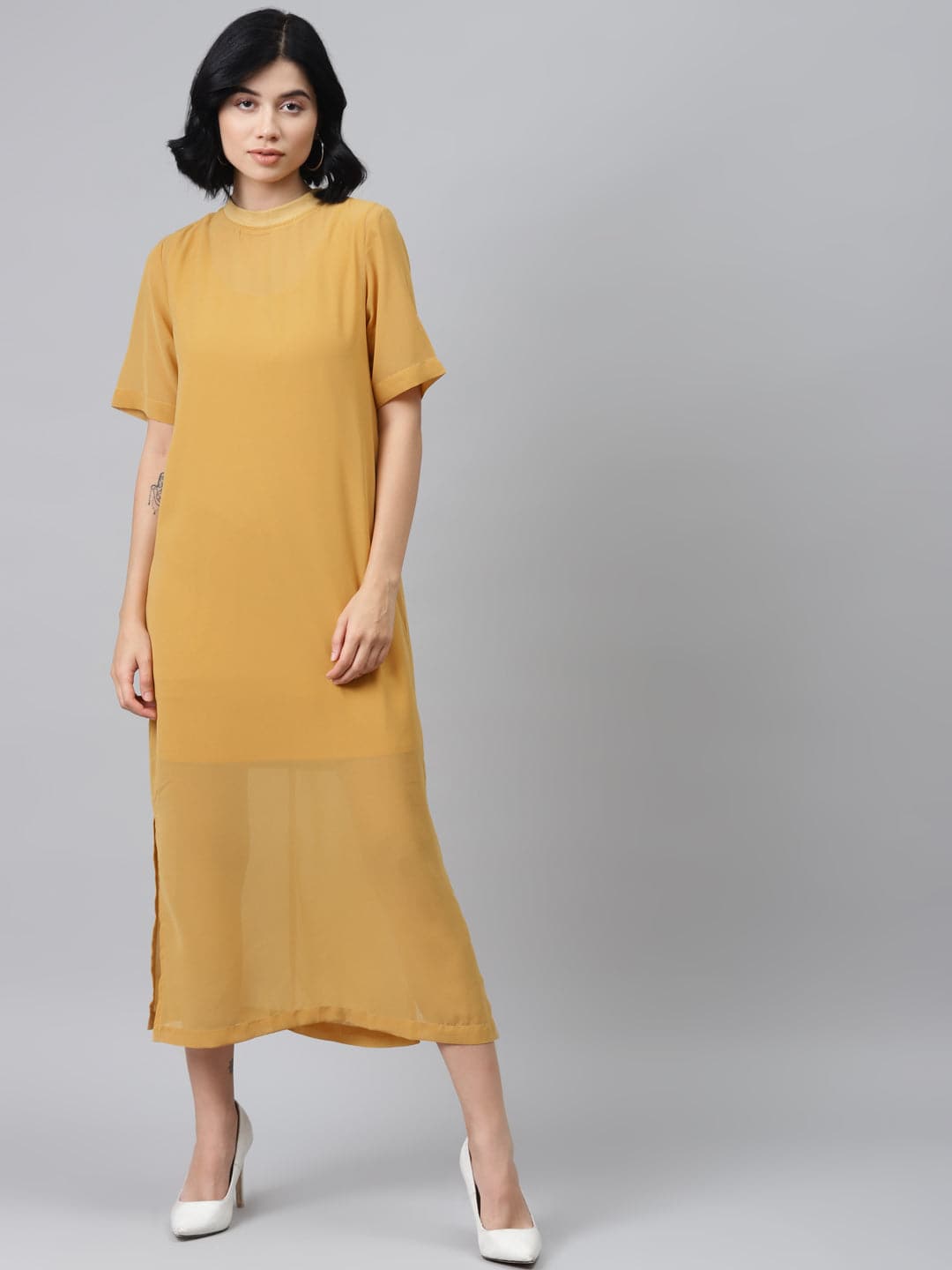 Mustard Sheer Sheath Dress with Inner-Dress-SASSAFRAS