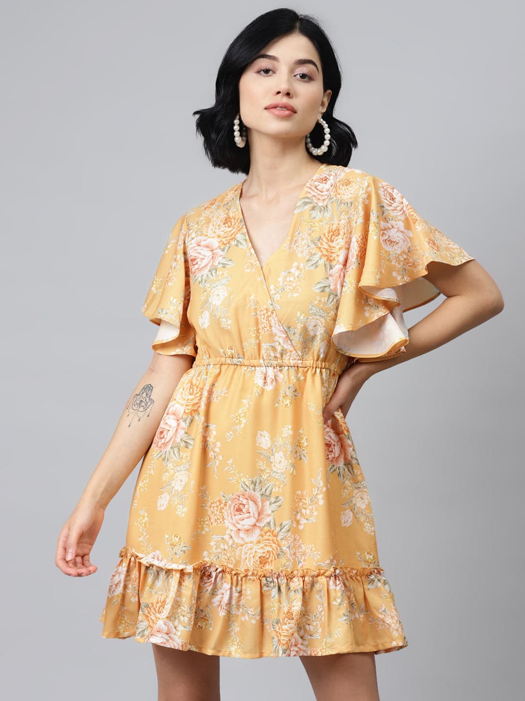 Mustard Floral Wrap Fit & Flare Dress-Dress-SASSAFRAS