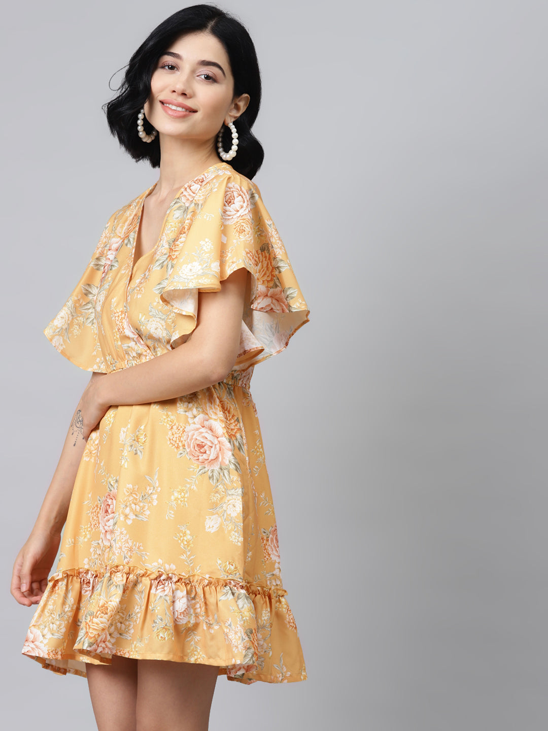 Mustard Floral Wrap Fit & Flare Dress