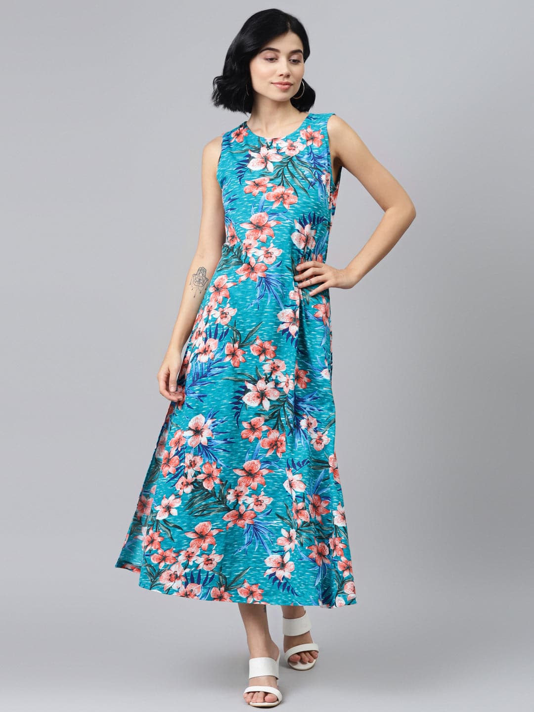 Blue Floral Sleeveless Jersey Maxi Dress-Dress-SASSAFRAS