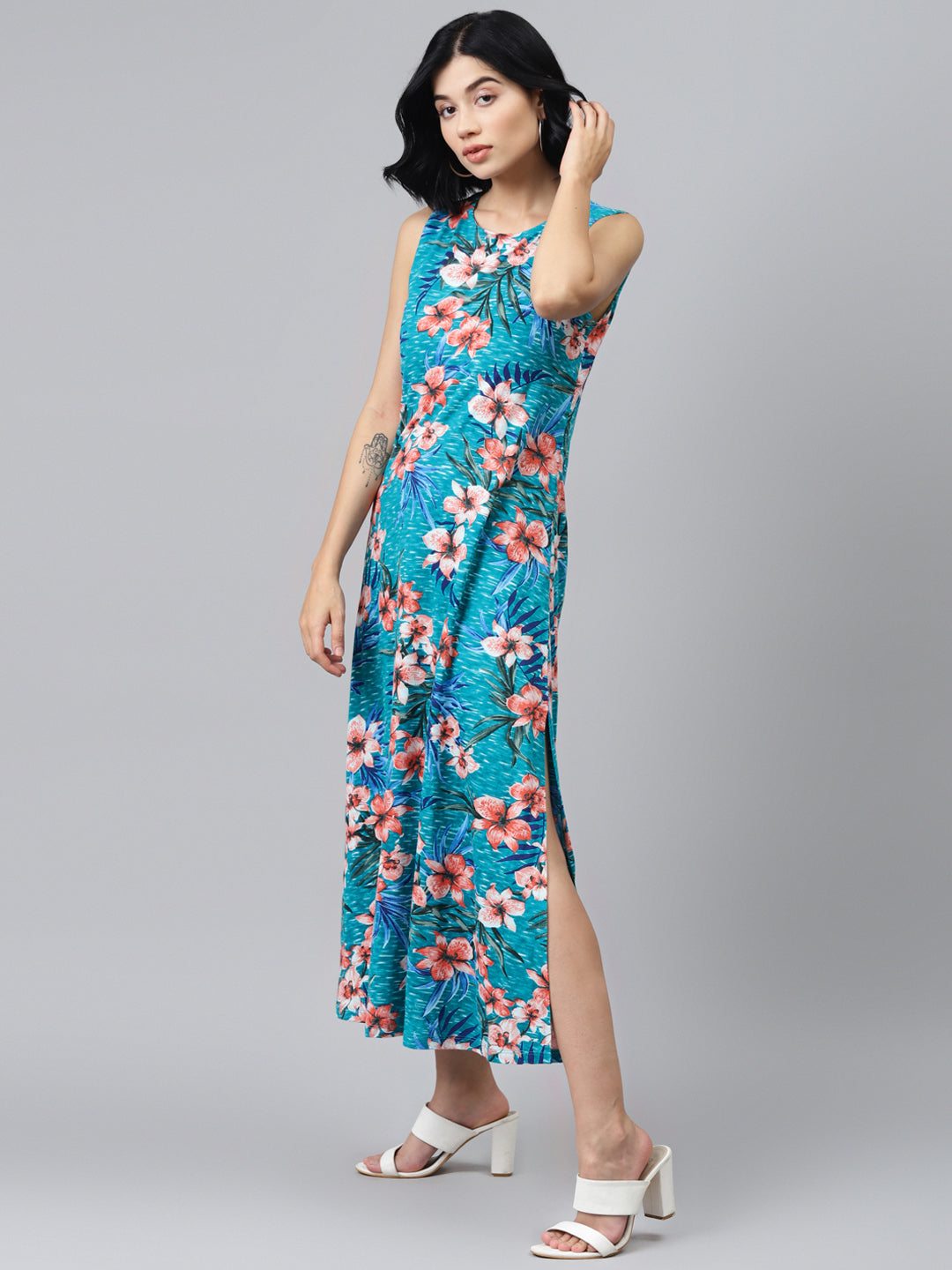 Blue Floral Sleeveless Jersey Maxi Dress