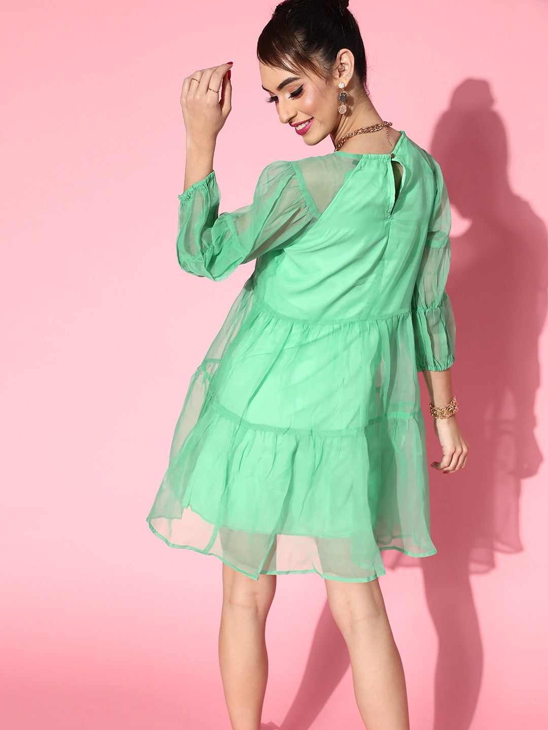 Women Green Organza Drop Shoulder Tiered Dress
