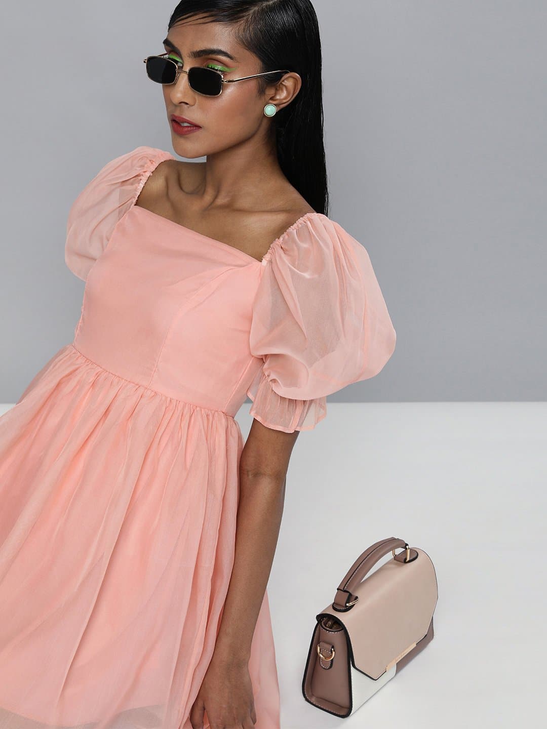 Pastel Pink Organza Puff Sleeve Dress-Dress-SASSAFRAS