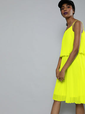 Neon Green Pleated Strappy Skater Dress