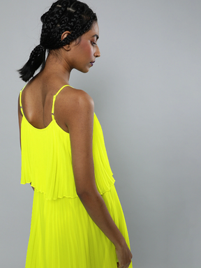 Neon Green Pleated Strappy Skater Dress