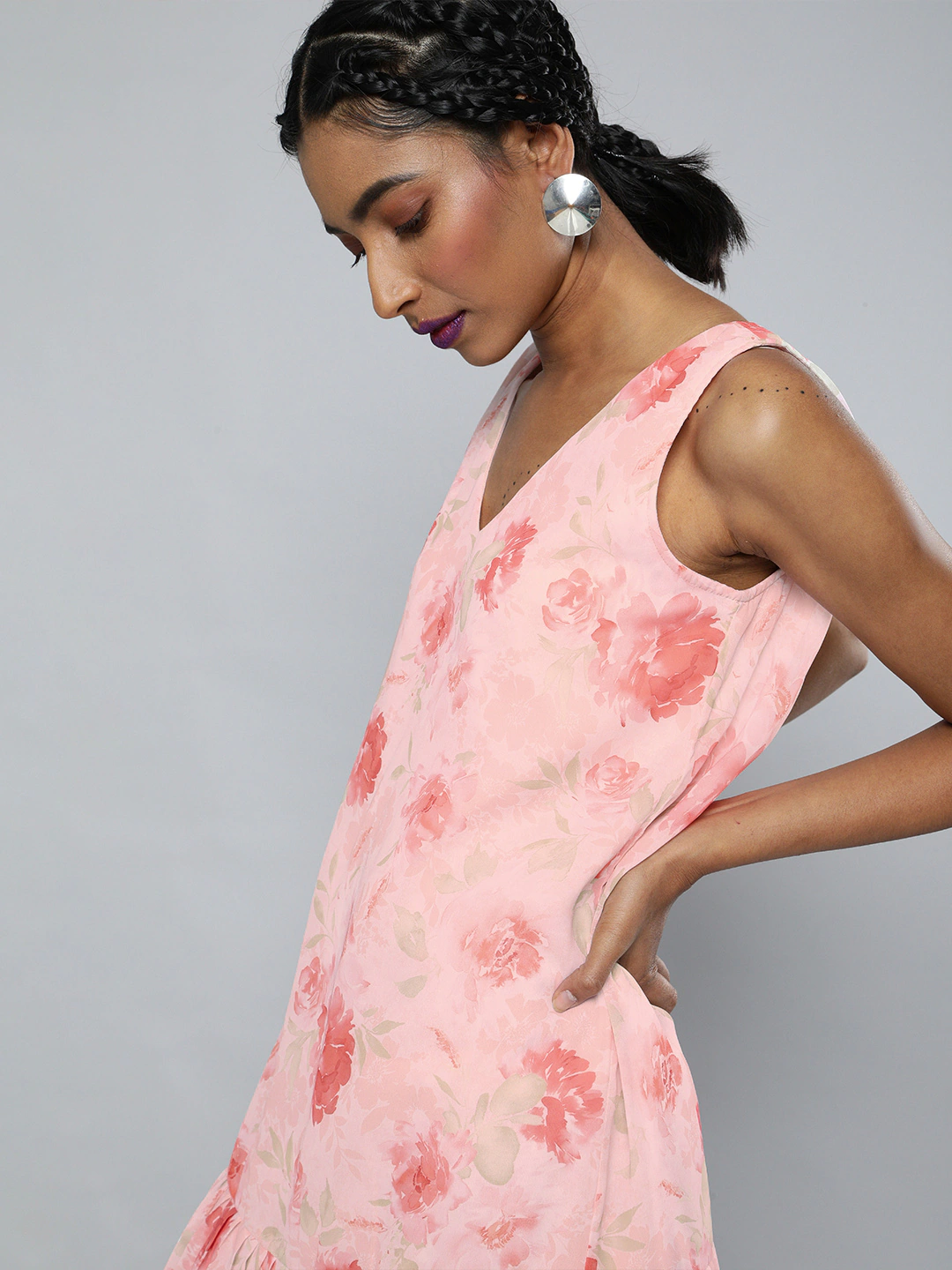 Pink Floral V-Neck Pleated Hem Dress