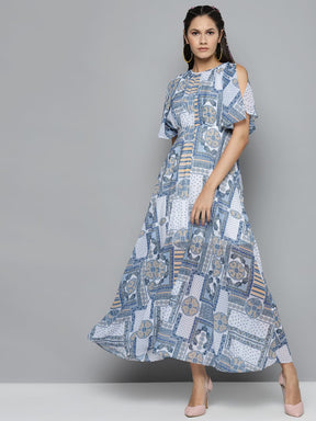 Blue Patch Print Maxi Dress-Dress-SASSAFRAS
