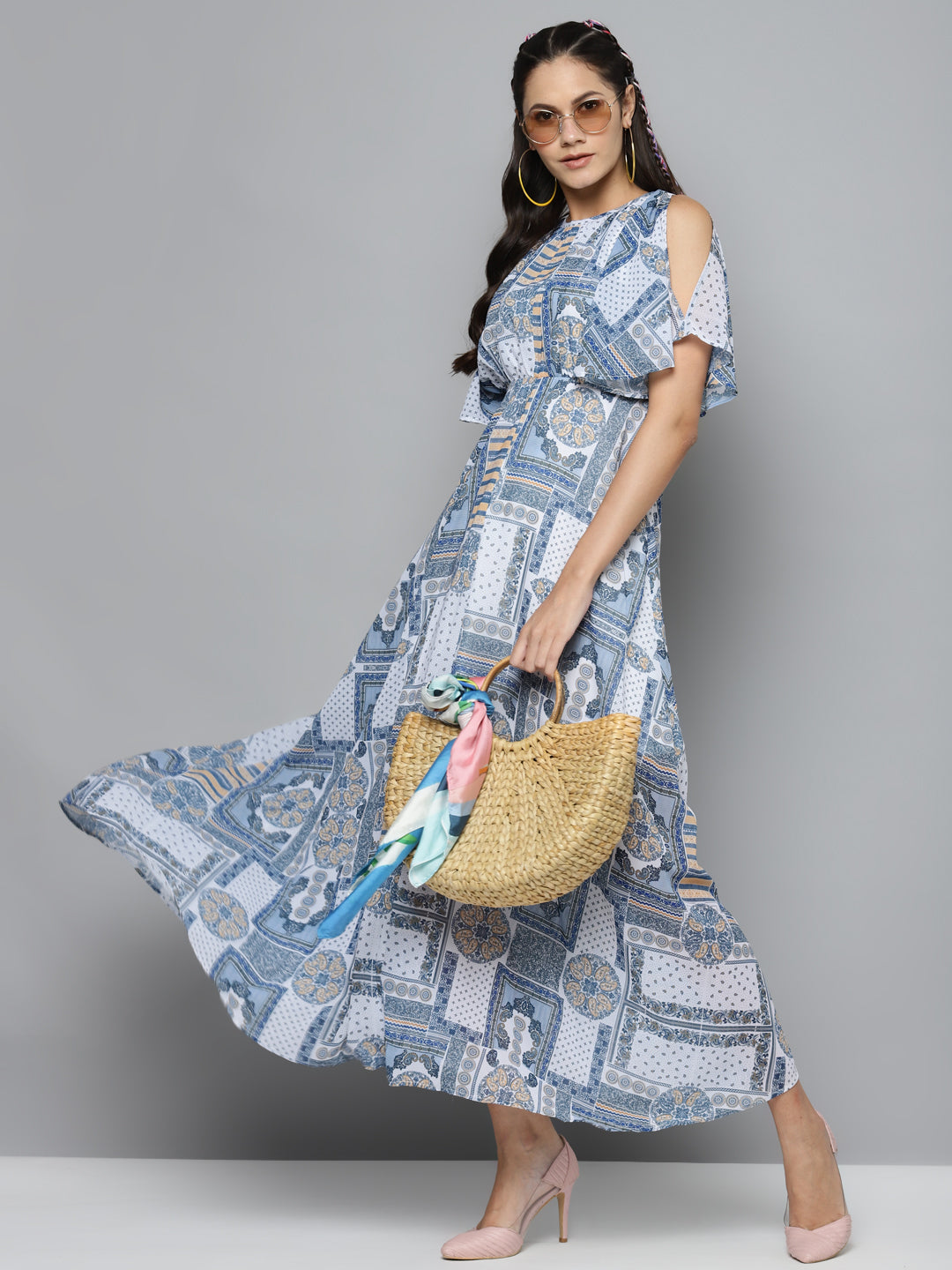 Blue Patch Print Maxi Dress