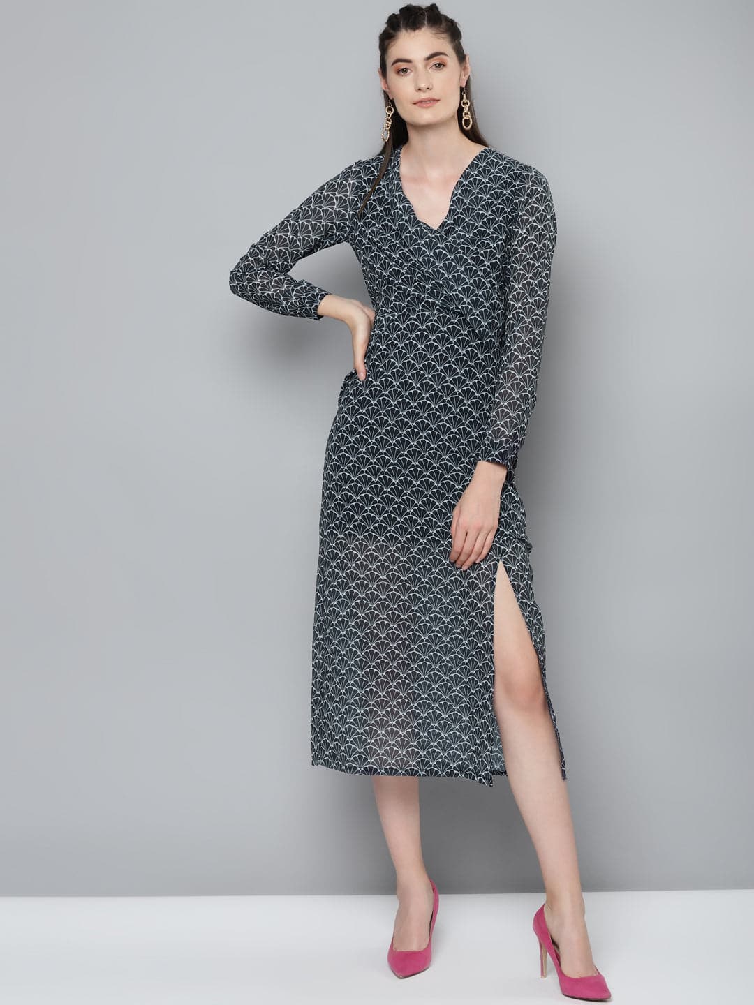 Navy Floral Geo Print Wrap Detail Midi Dress-Dress-SASSAFRAS