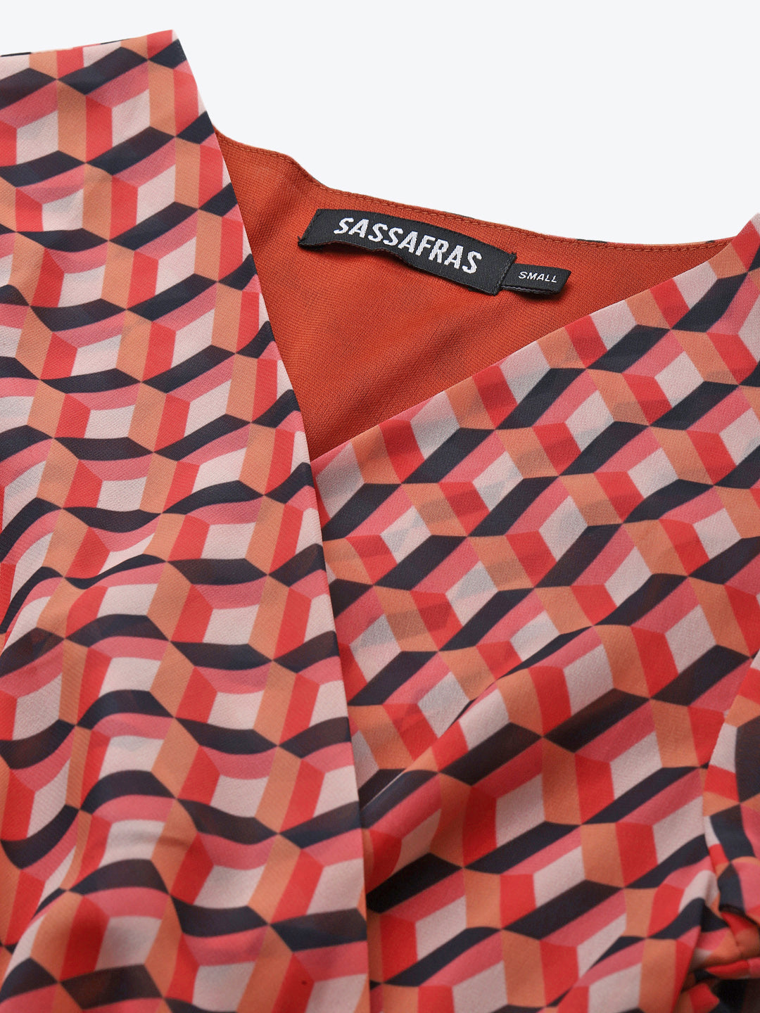 Orange Geo Wrap Detail Midi Dress