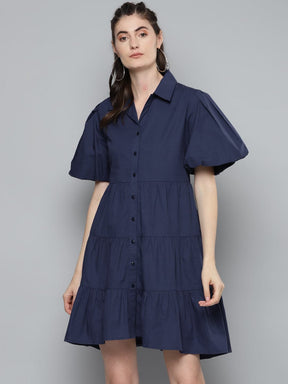 Navy Tiered Shirt Dress-Dress-SASSAFRAS