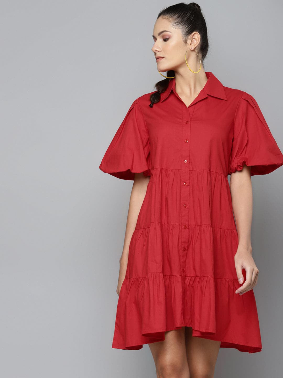 Red Tiered Shirt Dress-Dress-SASSAFRAS