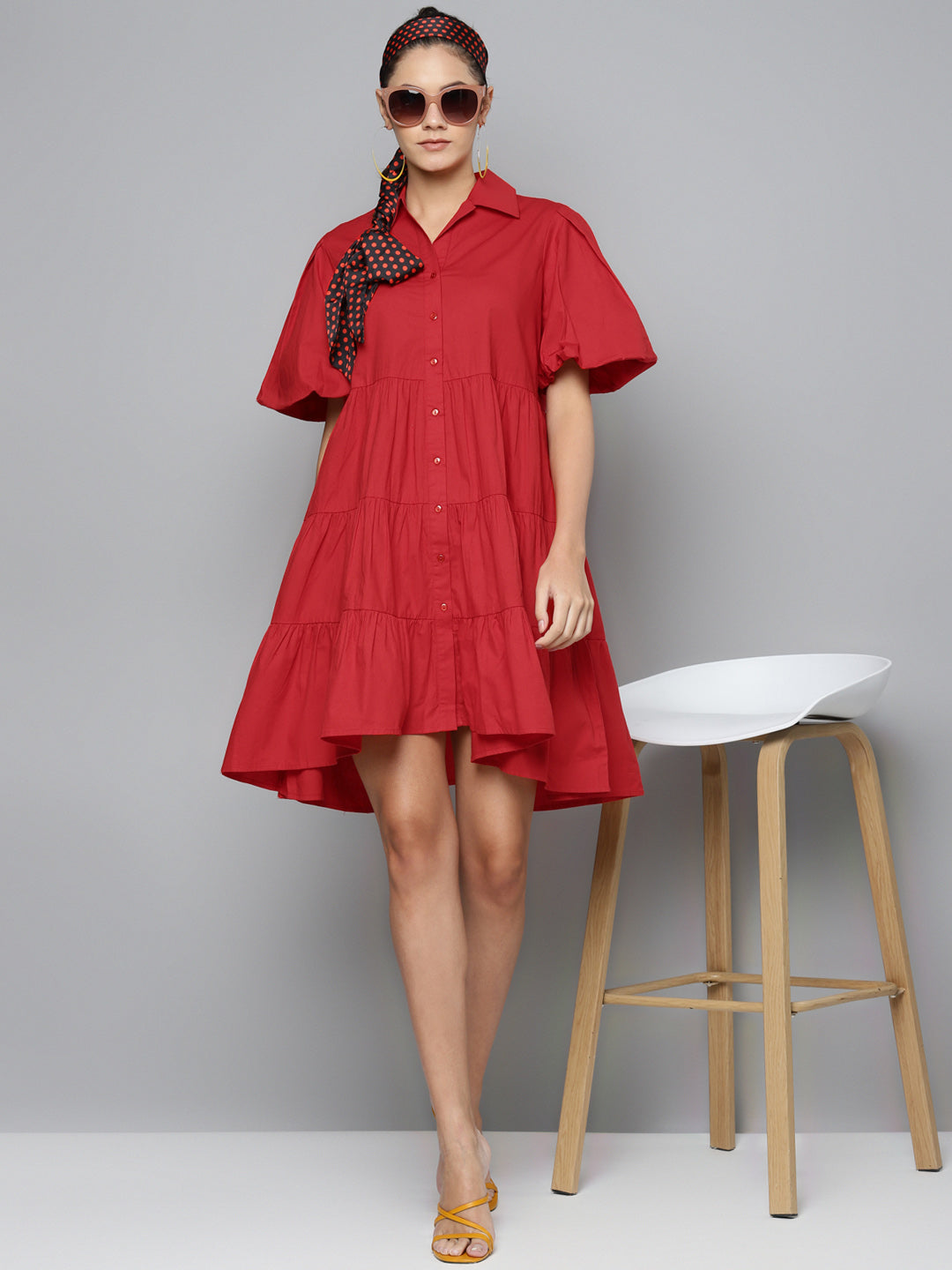Red Tiered Shirt Dress