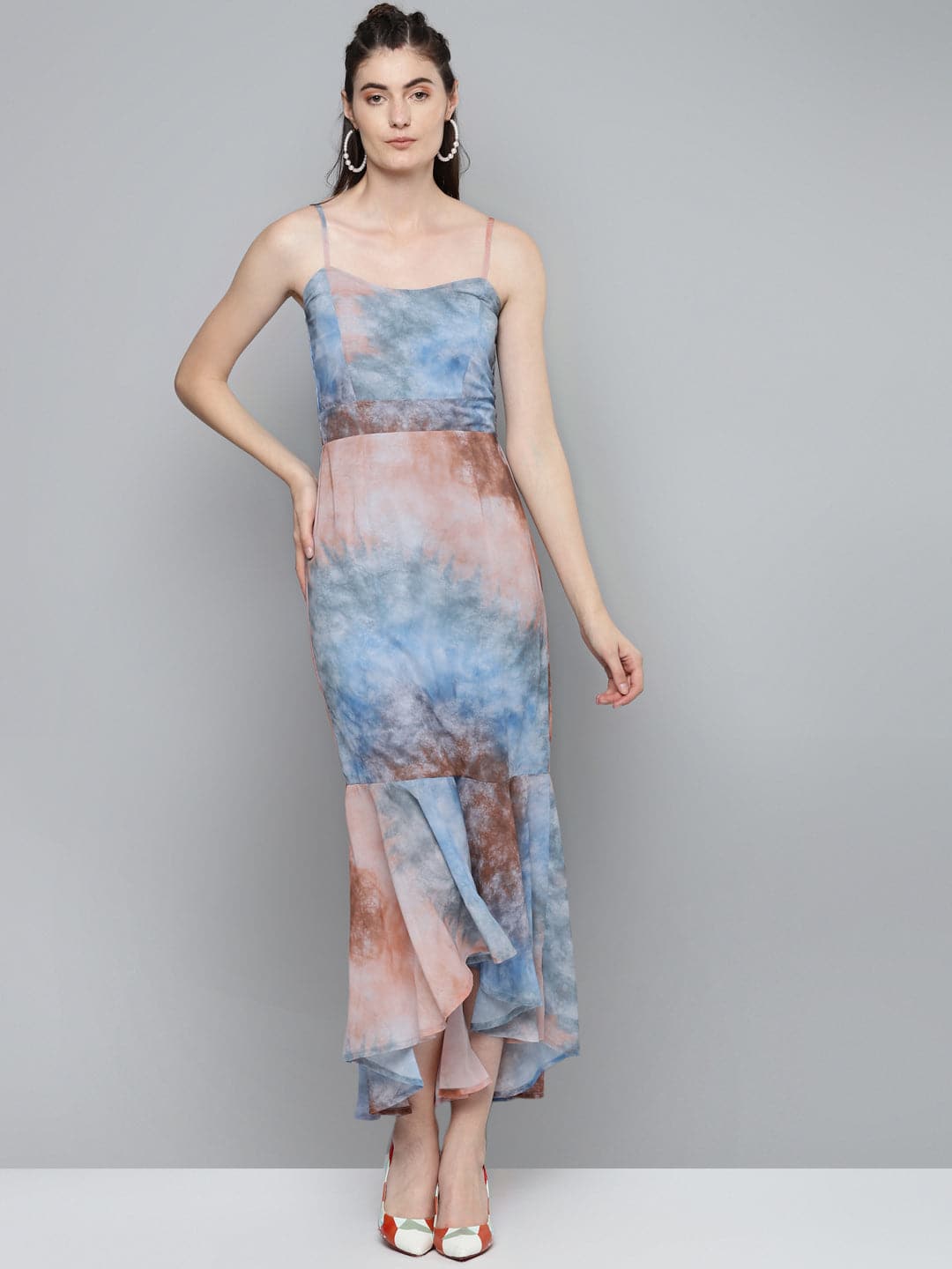 Blue & Brown Tie-Dye Print Strappy Maxi-Dress-SASSAFRAS