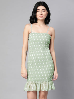 Sea Green Dot Smocked Bodycon Dress-Dress-SASSAFRAS