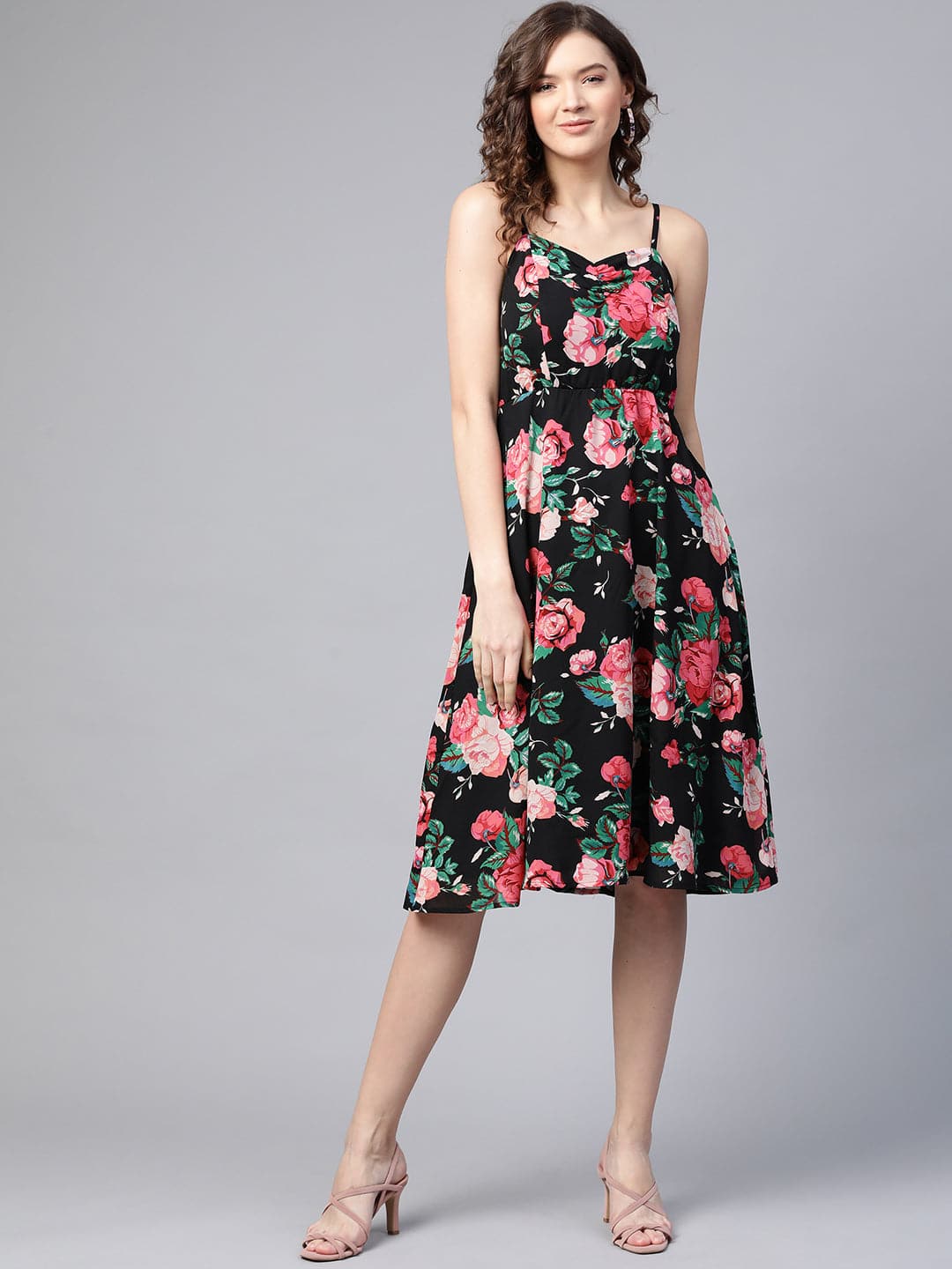 Black Floral Strapy Midi Dress-Dress-SASSAFRAS