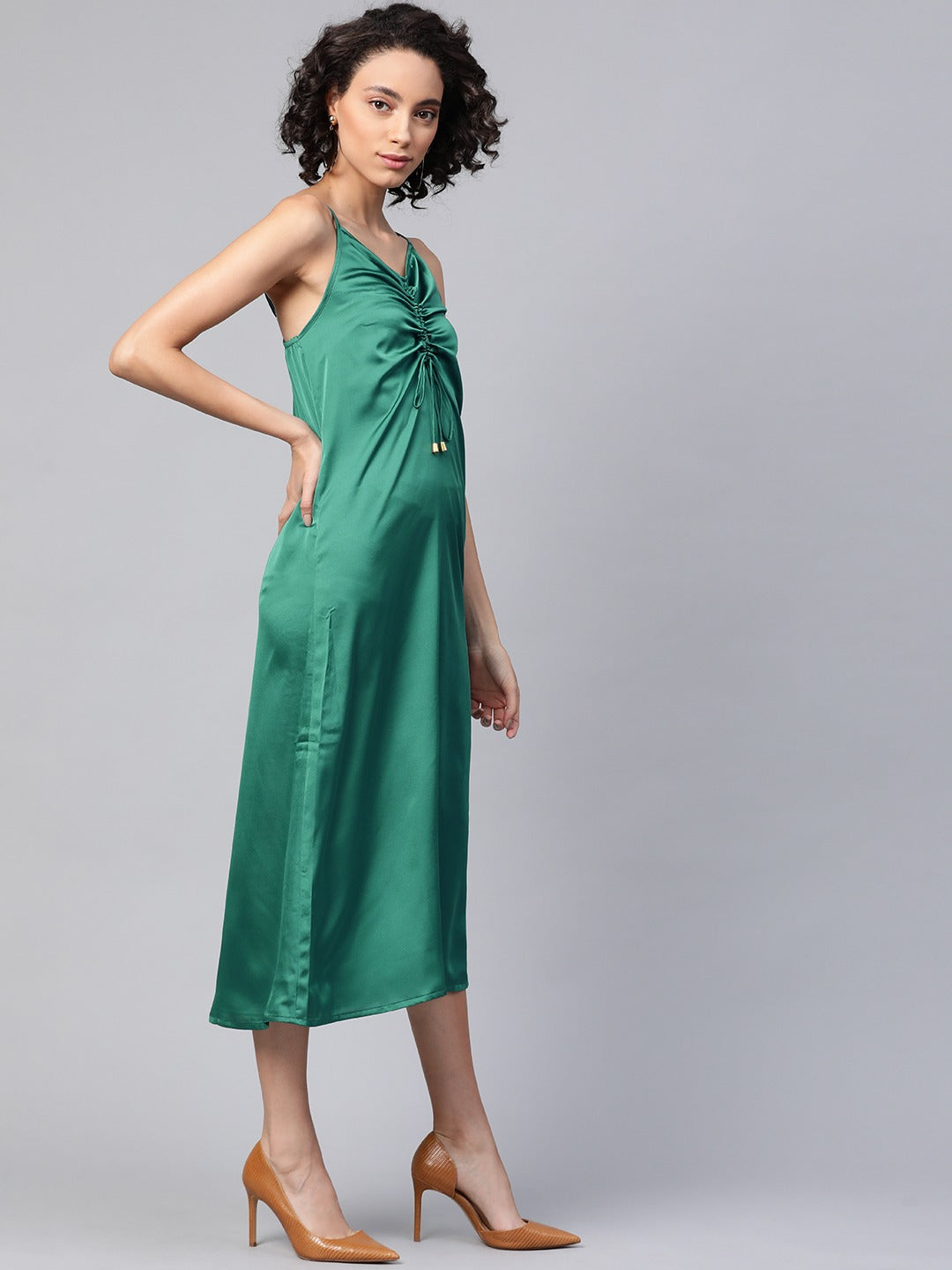 Green Front Rouched Slip Dress