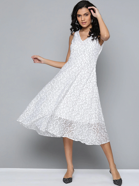 White Lace V-Neck Midi Dress-Dress-SASSAFRAS