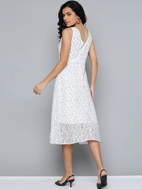 White Lace V-Neck Midi Dress