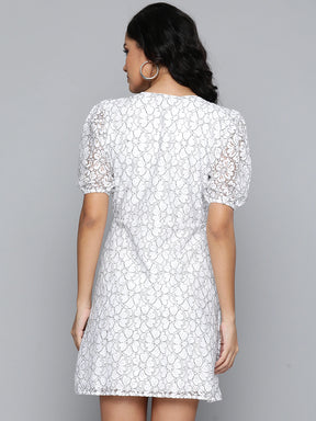 White Lace Puff Sleeve Shirt Dress