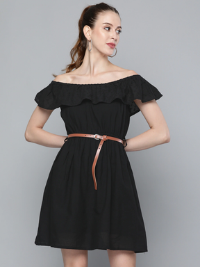 Black Bardot Schiffli Belted Dress-Dress-SASSAFRAS