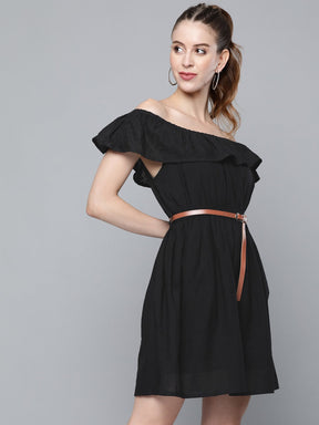 Black Bardot Schiffli Belted Dress