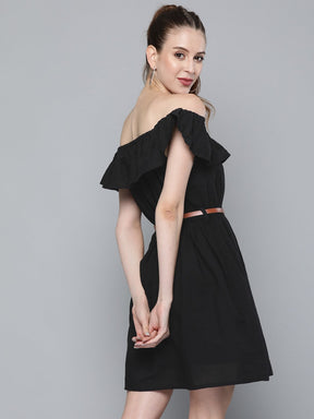 Black Bardot Schiffli Belted Dress