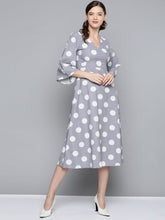 Grey & White Polka V-Neck Midi Dress-Dress-SASSAFRAS