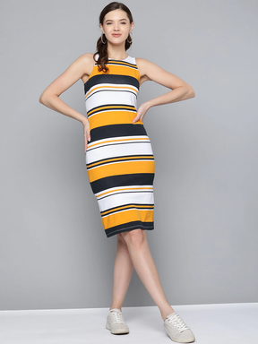 Mustard & White Stripes Back Slit Bodycon-Dress-SASSAFRAS