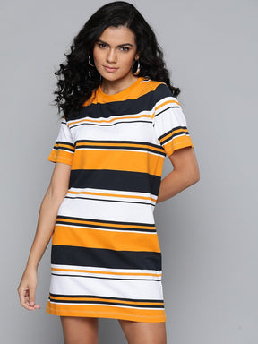 Mustard & White Stripes Sheath Dress-Dress-SASSAFRAS