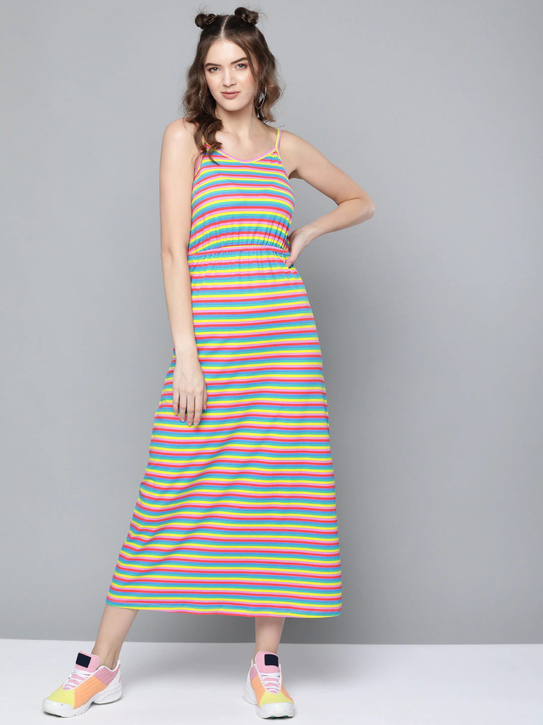 Rainbow Stripes Strappy Maxi Dress-Dress-SASSAFRAS