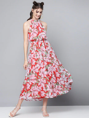 Red Floral Halter Neck Midi Dress-Dress-SASSAFRAS