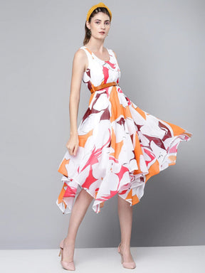 Orange Floral Asymmetric Belted Midi Dress-Dress-SASSAFRAS