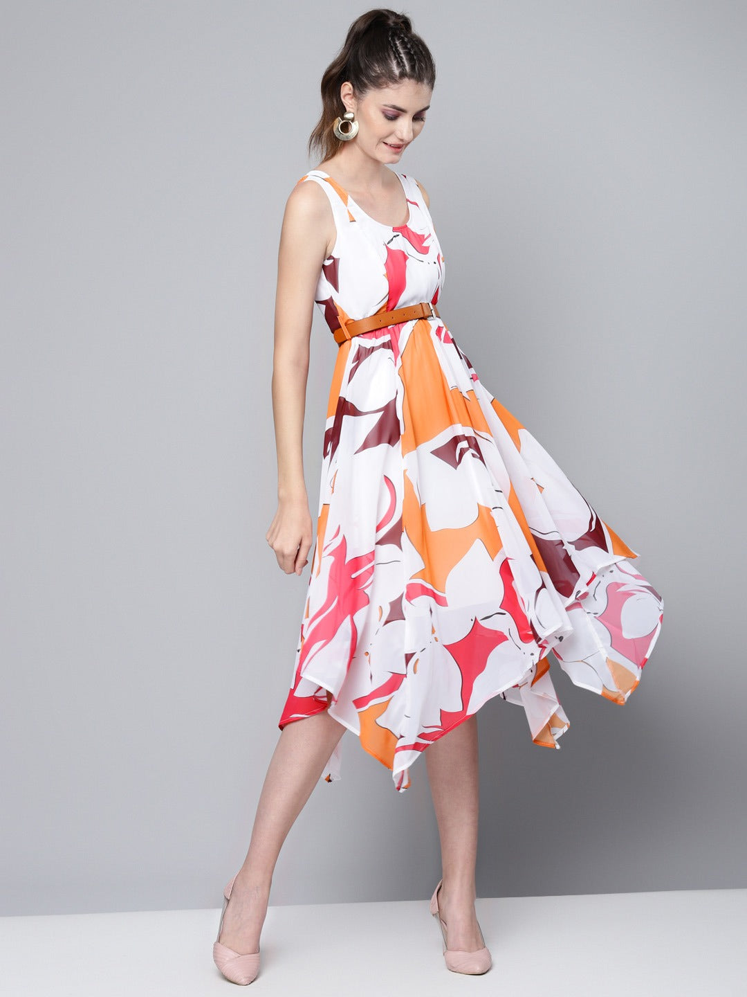 Orange Floral Asymmetric Belted Midi Dress