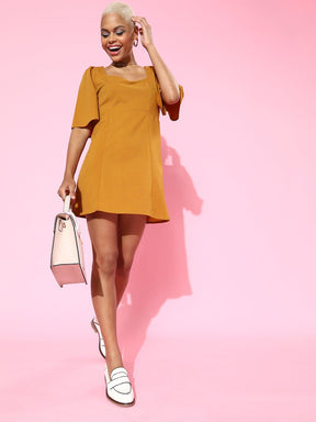 Mustard Sweetheart Neck Short Dress-Dress-SASSAFRAS