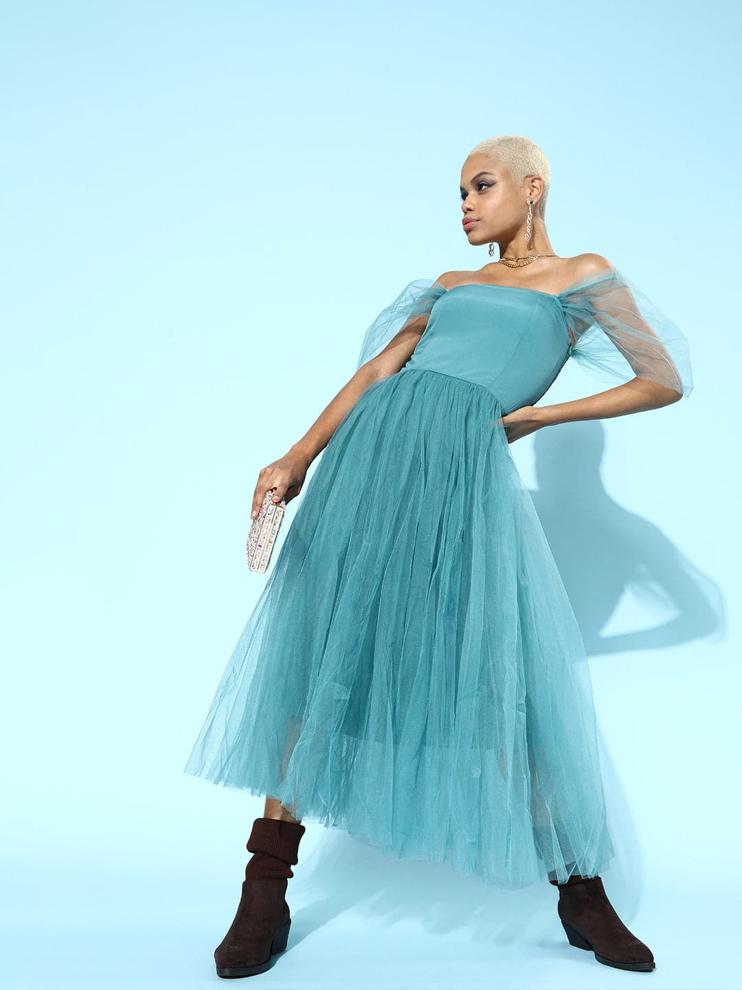 Teal Blue Tulle Bardot Midi Dress-Dress-SASSAFRAS