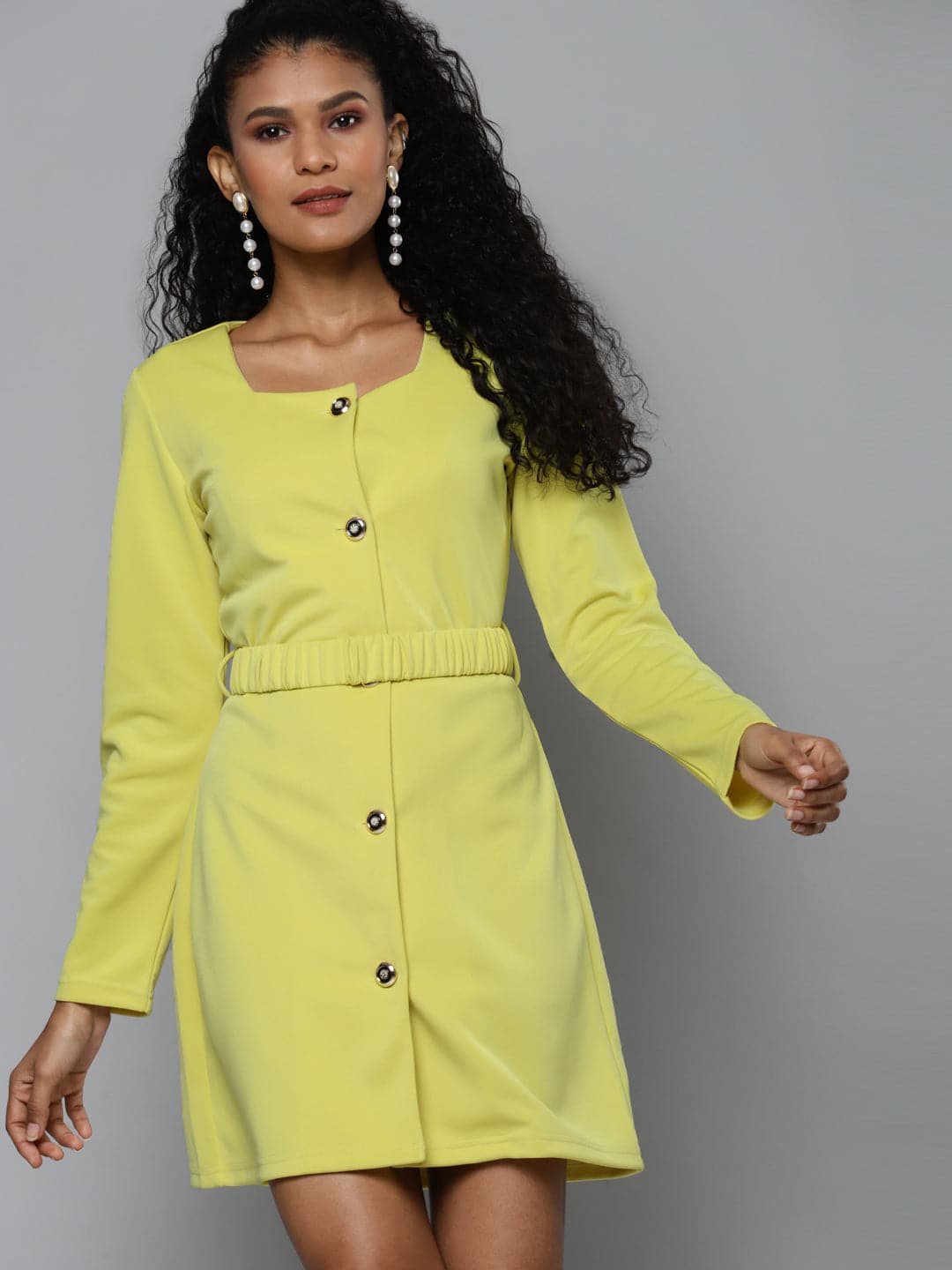 Yellow Scuba Front Button Belted Dress-Dress-SASSAFRAS