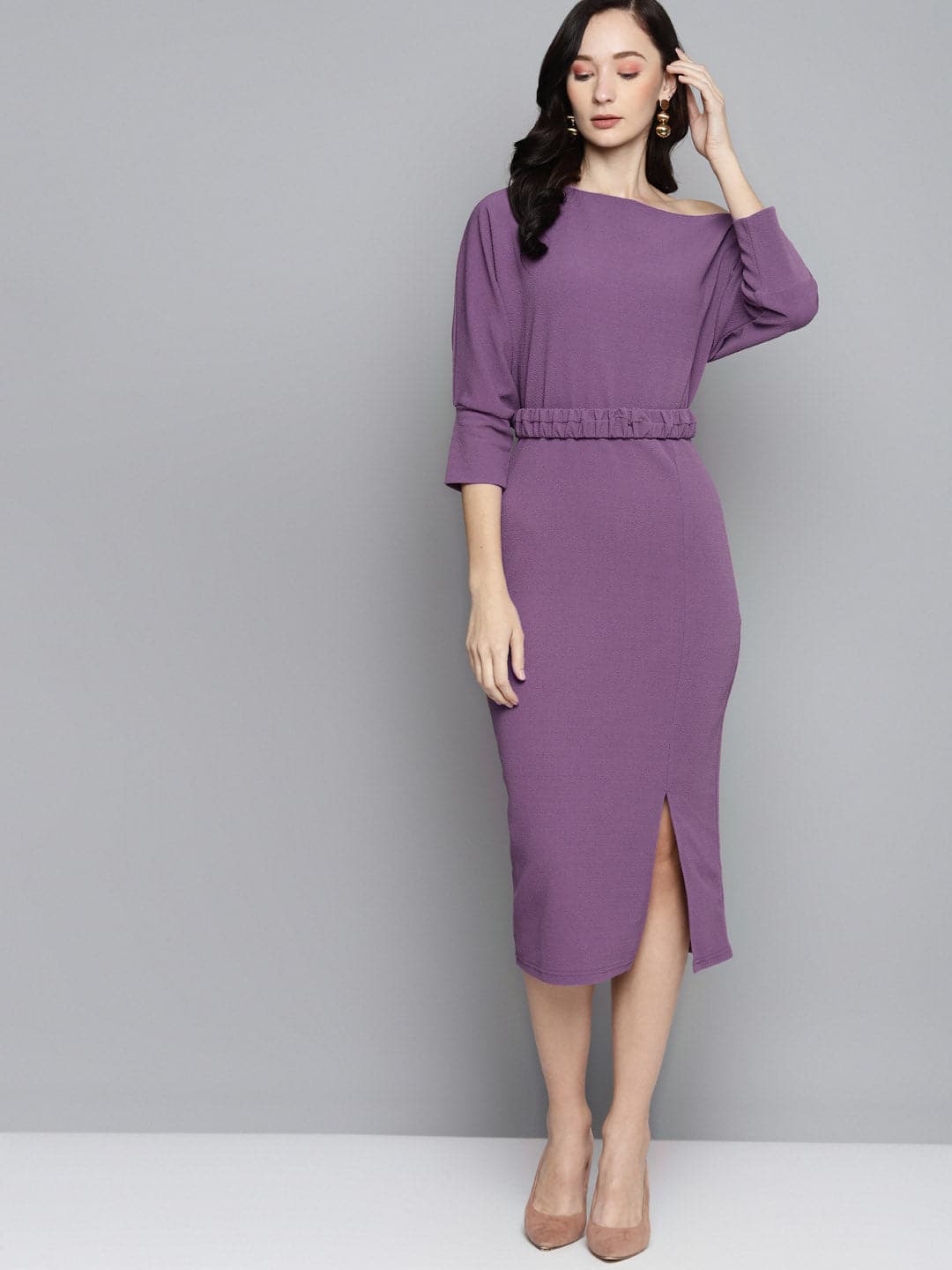Lavender Belted Drop Shoulder Midi Dress-Dress-SASSAFRAS