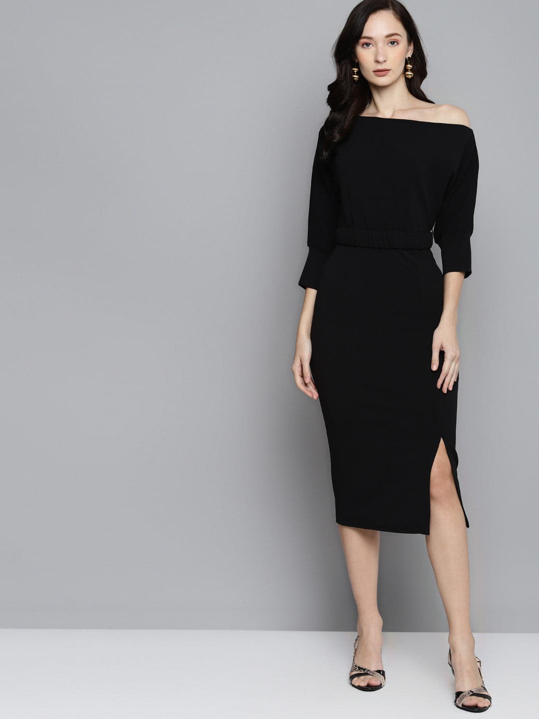 Black Belted Drop Shoulder Midi Dress-Dress-SASSAFRAS