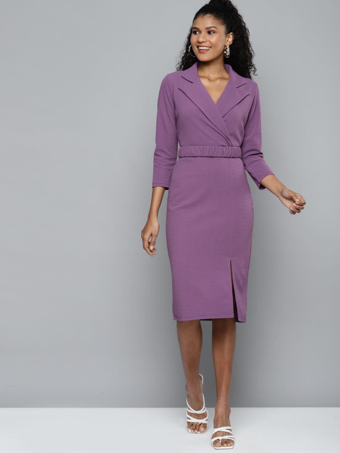 Lavender Notch Collar Belted Dress-Dress-SASSAFRAS