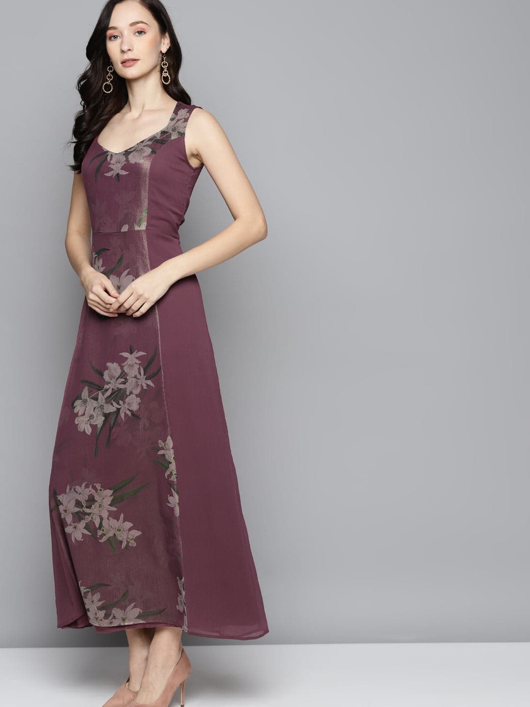 Purple Floral Chiffon Sweetheart Neck Maxi-Dress-SASSAFRAS