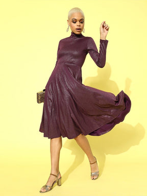 Purple Metallic High Neck Flared Midi Dress-Dress-SASSAFRAS