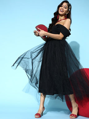 Black Tulle Bardot Midi Dress-Dress-SASSAFRAS