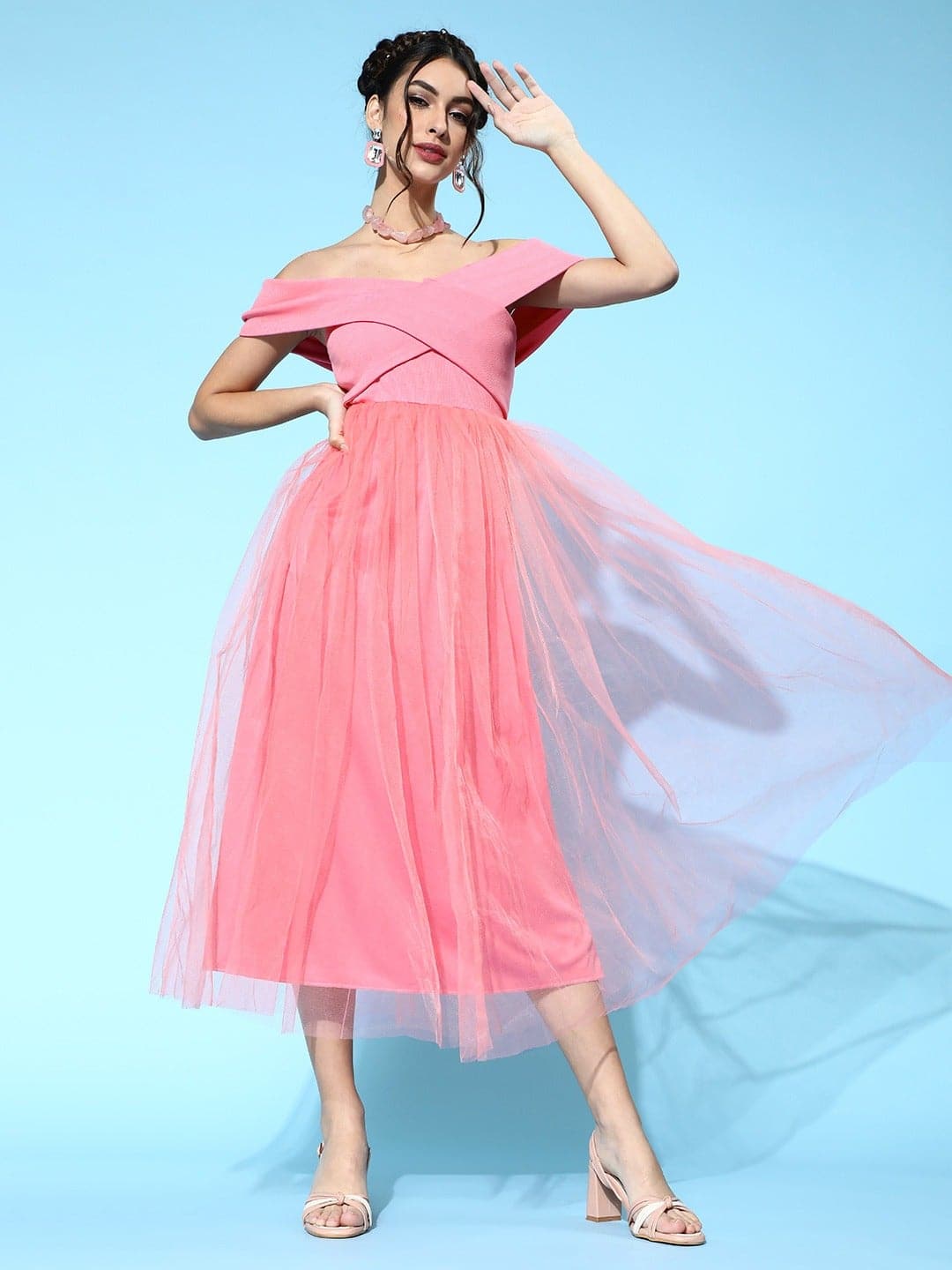 Pink Tulle Bardot Midi Dress-Dress-SASSAFRAS