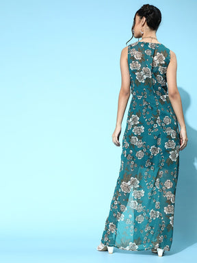 Teal Blue Floral Wrap Maxi Dress