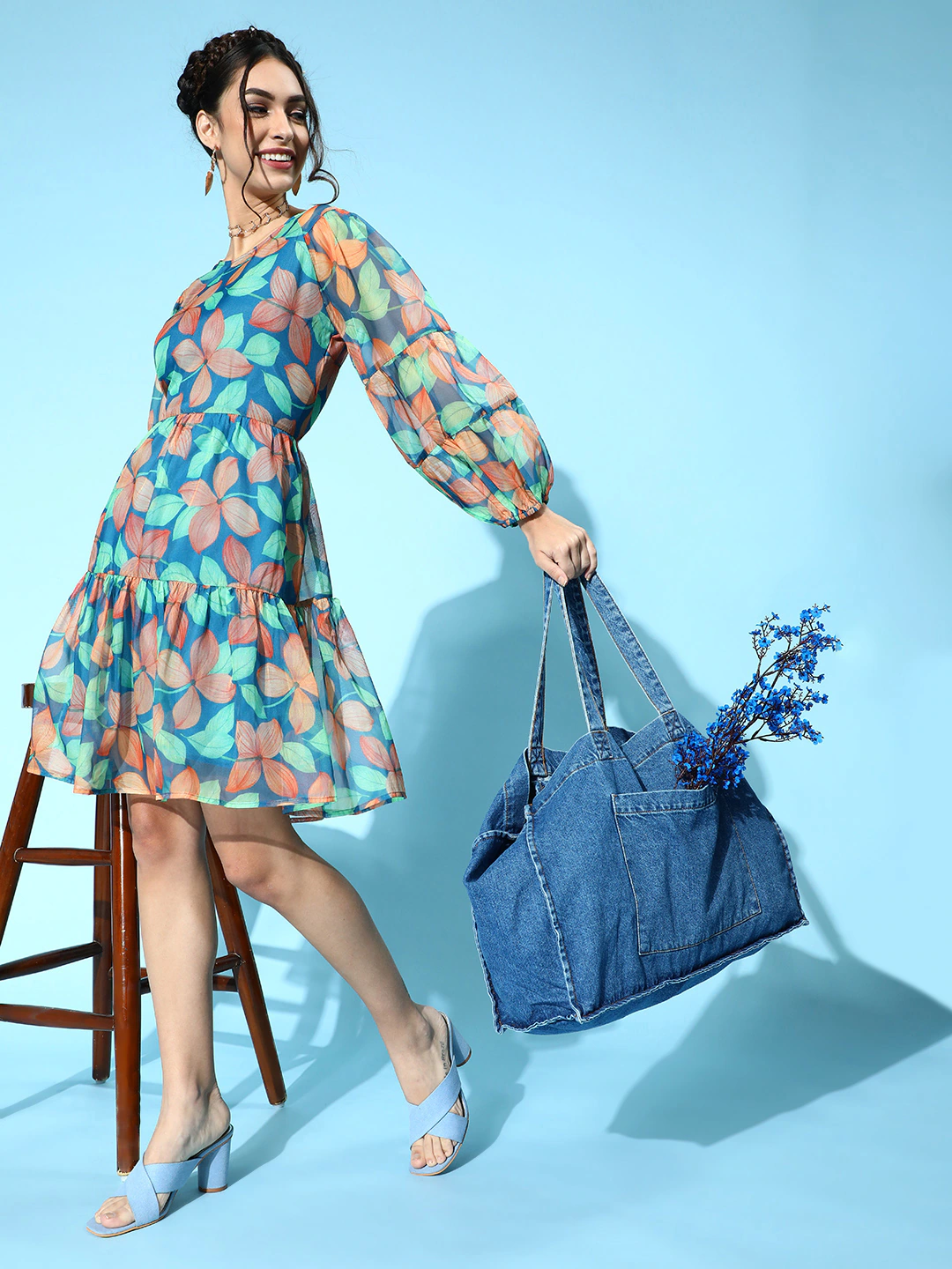 Blue Floral Organza Tiered Short Dress