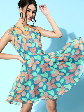 Blue Floral Organza Sleeveless Skater Dress-Dress-SASSAFRAS