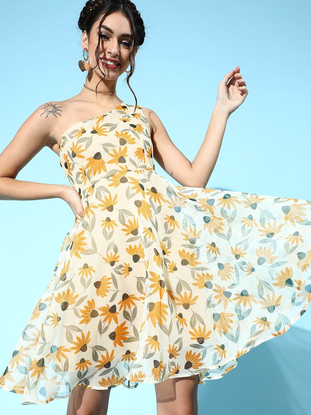 Yellow Floral Organza One Shoulder Dress-Dress-SASSAFRAS