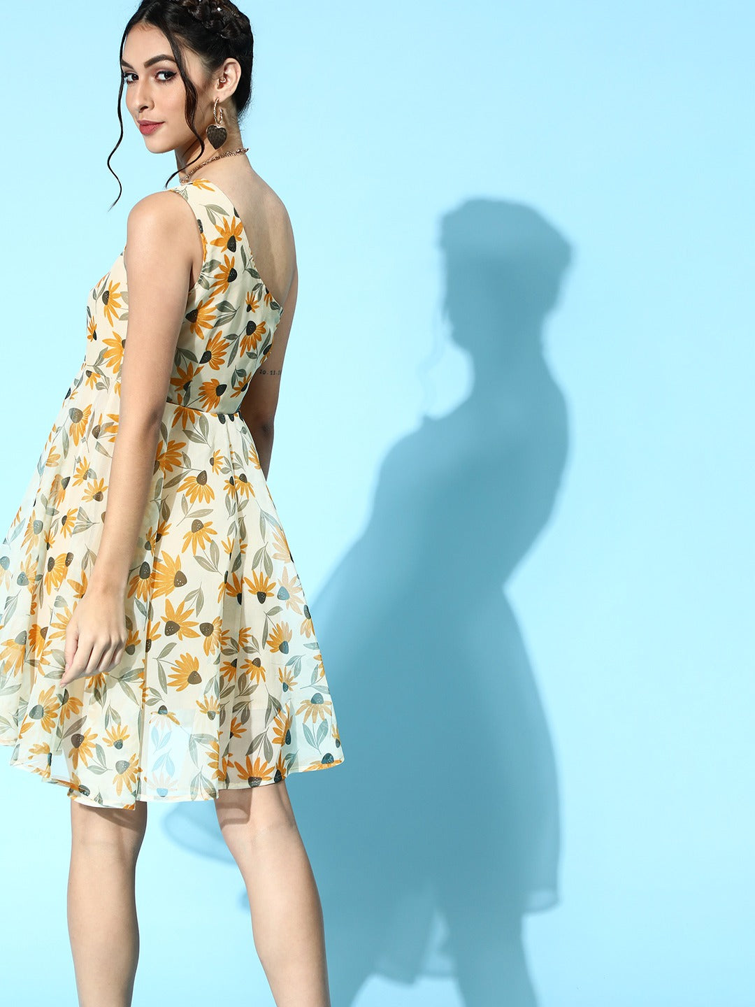 Yellow Floral Organza One Shoulder Dress